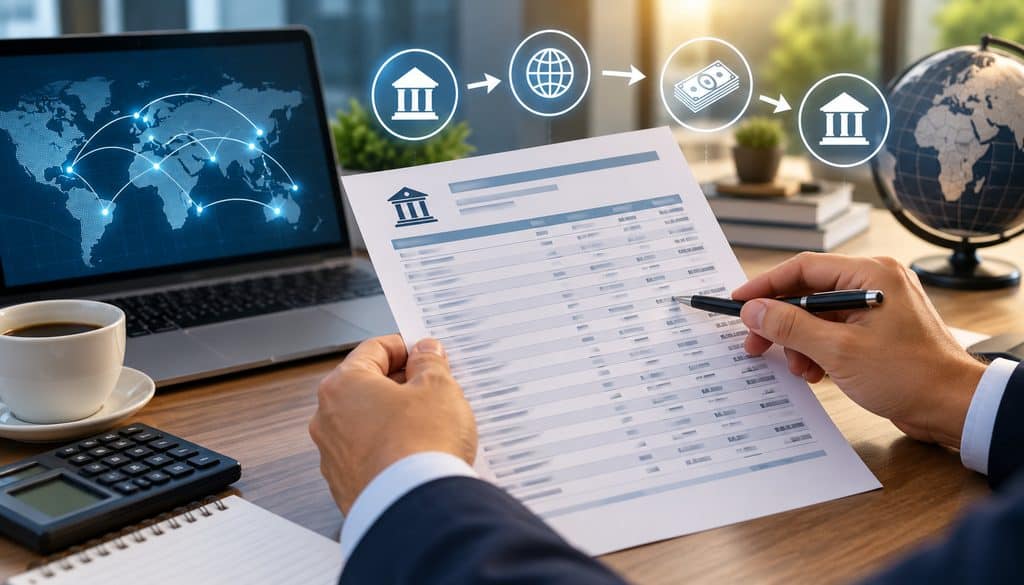 Professional reviewing a wire service clearing statement with global payment icons