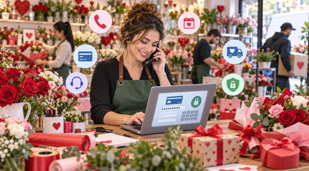 Florist taking Valentine’s phone orders through a virtual terminal