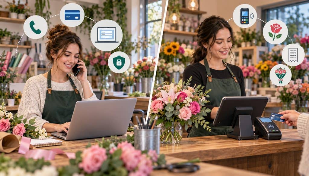 Florist comparing virtual terminal and POS payments for phone orders